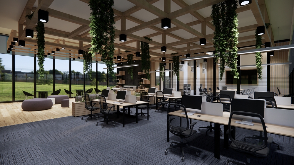 An open-plan office with sliding partitions, modular desks, and shared lounges