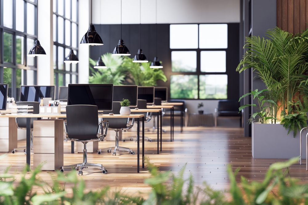 A bright modern office with floor-to-ceiling windows, hanging plants, and wood textures.